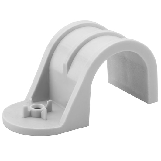 White plastic pipe clamp with a curved shape and base for securing pipes or cables to surfaces.