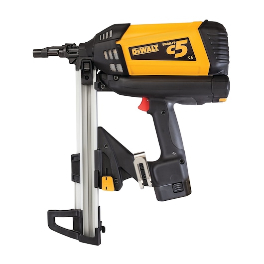 DEWALT Trak-It C5 tool in yellow and black, used for fastening materials in construction projects.