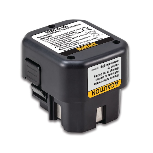 DEWALT rechargeable black battery with caution label for use in compatible photography devices.