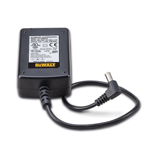 DEWALT black AC adapter with label and attached power cable, shown on a white background.