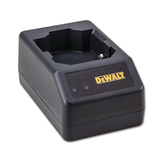 Black DEWALT battery charger with angled slot and logo, placed on a white background.