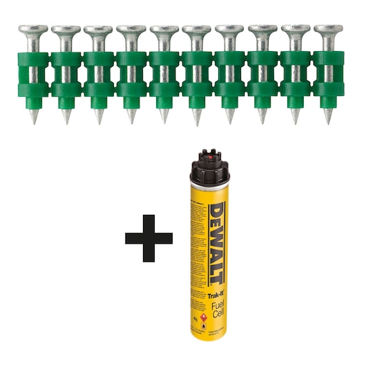 DEWALT fuel cell and strip of nails for fastening tools. Green and yellow colors, set shown on white background.