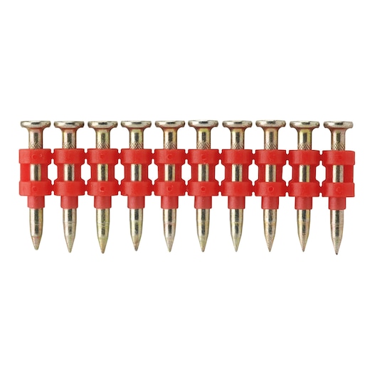 Row of ten metal nails with red plastic strips, suitable for concrete or masonry nail guns.