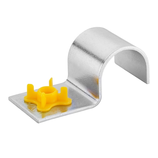 Metal DEWALT cable clamp with yellow plastic fitting for secure cable management.