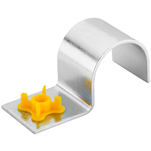 Metal bracket with a curved top and a yellow plastic connector, used for mounting or securing cables.