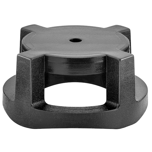 Black metal tripod base with central hole, designed for camera or photography equipment support.