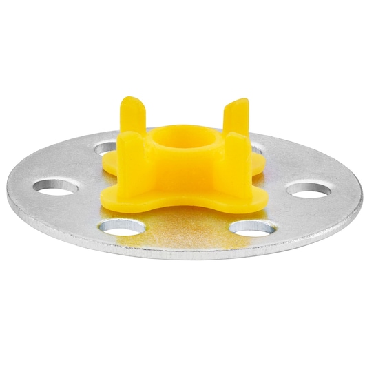 Round metal plate with a yellow plastic center and several evenly spaced holes, DEWALT photography accessory.