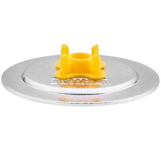DEWALT metal and yellow plastic photography accessory disk, displayed on a white background.
