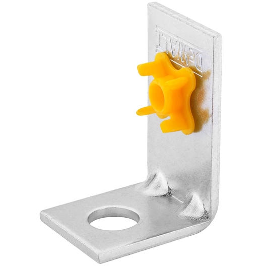Metal L bracket with a yellow plastic component, designed for mounting or securing, branded DEWALT.