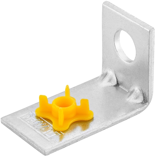 Metal bracket with a yellow plastic fitting and a hole for mounting, branded DEWALT.
