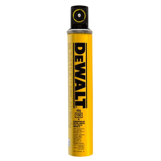 Yellow DEWALT gas canister with black cap, labeled for professional use, upright on a white background.