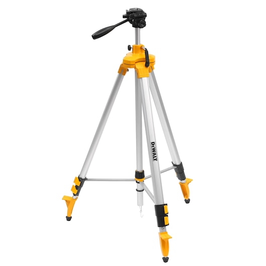DEWALT photography tripod with adjustable aluminum legs and yellow joints, suitable for stable camera positioning.