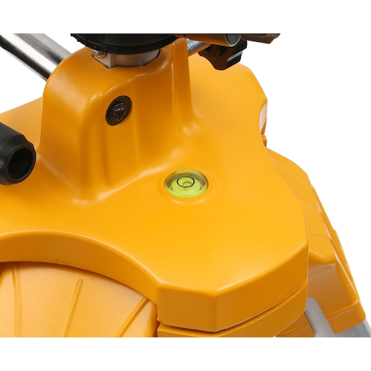 Close-up of a yellow DEWALT tripod base with a built-in bubble level for accurate positioning.