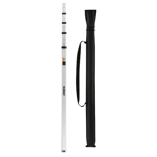DEWALT telescopic measuring rod for photography with black carrying case, shown upright.