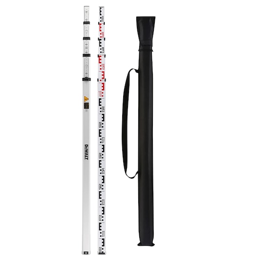 DEWALT telescopic leveling staff and carry bag, marked for measurement, shown upright on white background.