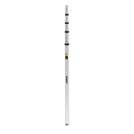 Telescopic aluminum leveling staff with measurement markings and DEWALT branding, used in surveying and photography.