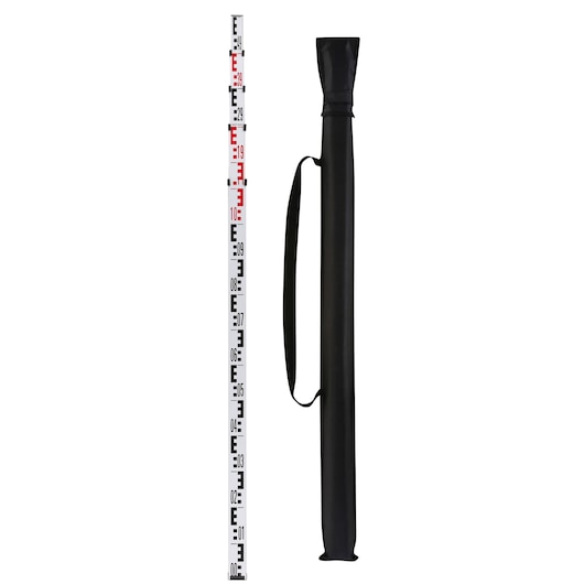 DEWALT leveling rod with measurement scale and black carrying case, used for photography and surveying tasks.