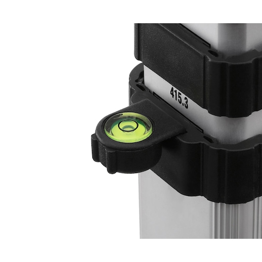 Close-up of a DEWALT photography tripod with a built-in bubble level for accurate positioning.