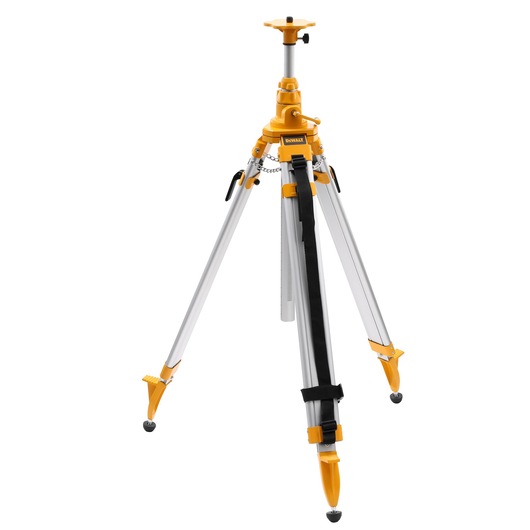 A yellow and silver DEWALT tripod for photography or measuring devices with adjustable legs and mount.