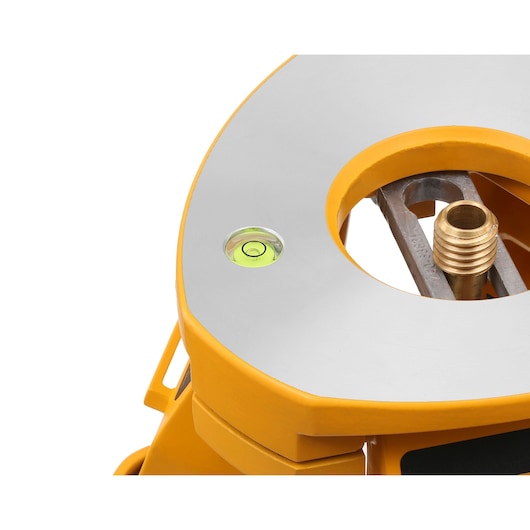 Close-up of a DEWALT tripod mount with a bubble level for precise photography setup.