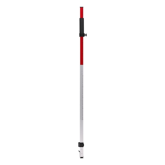 DEWALT red and white telescopic leveling staff with measurement markings, used for surveying and construction.
