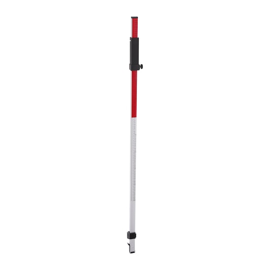 An adjustable DEWALT leveling staff or grade rod used for surveying and measuring elevations, shown standing upright with markings and a red section.