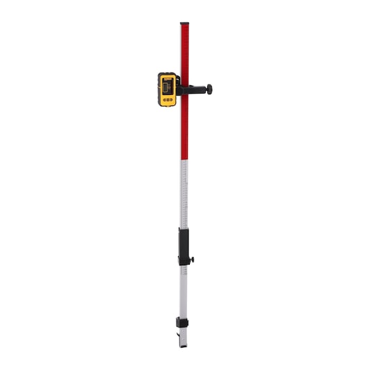 DEWALT measuring rod for photography, with adjustable clamp and red scale, shown on a white background.