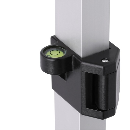 Close-up of a DEWALT aluminum post with a built-in spirit level in a black plastic mount, shown for photography use.