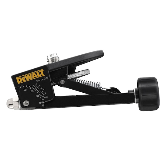 DEWALT angle adjustment clamp for photography, black metal with scale and spring mechanism.