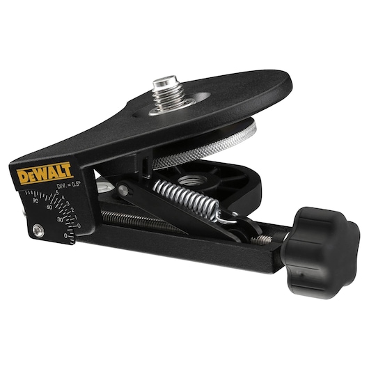 DEWALT adjustable mount with spring and knob, used for camera or laser level, black metal design.