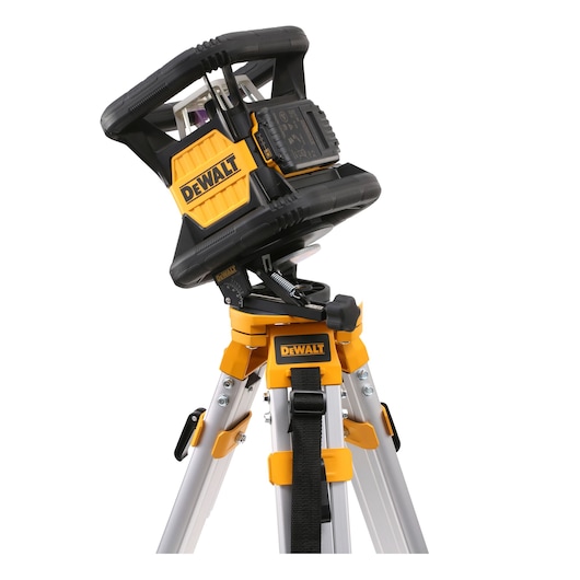DEWALT tripod-mounted laser level device with adjustable head and yellow-black design.