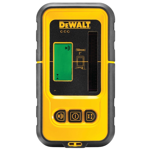 Front view of a DEWALT laser detector, model DE0892-XE, primarily yellow with black accents. The device features a display screen, three function buttons at the bottom, and measurement indicators, used for precise detection of laser lines in construction and photography applications.