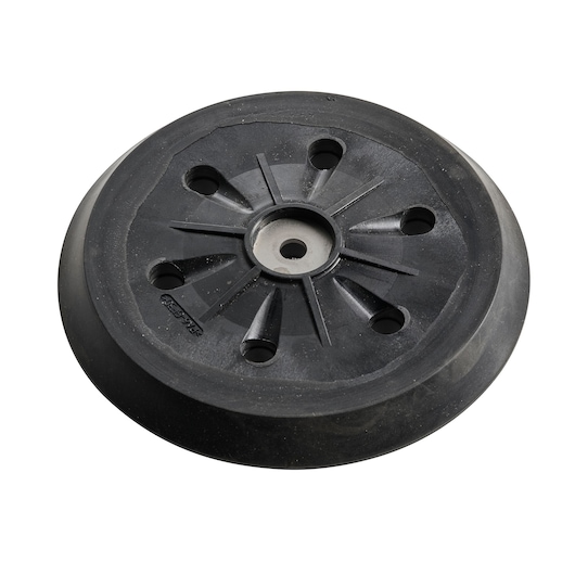 Black DEWALT sander backing pad with six holes and central mounting slot, shown on a white surface.