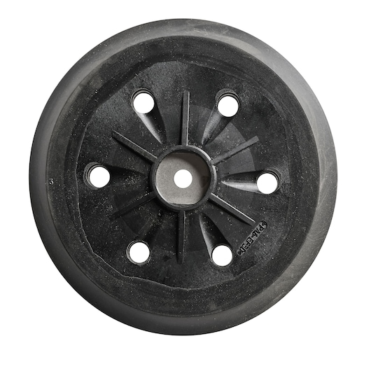 Round black sander pad with six holes, viewed from above, used for DEWALT power tools.