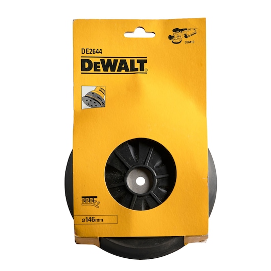 DEWALT DE2644 sanding pad, diameter 146mm, in yellow packaging with black central disk visible.