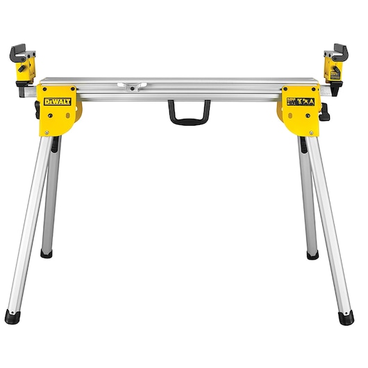 DEWALT folding miter saw stand with yellow brackets and silver legs for stable cutting support.