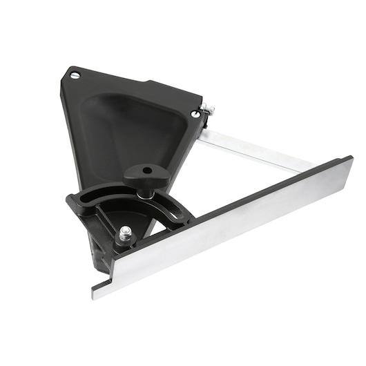 DEWALT metal miter gauge with adjustable knob and ruler for precise woodworking or cutting tasks.