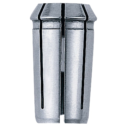 Close-up of a metal router collet accessory for attaching bits, shown upright on a white background.