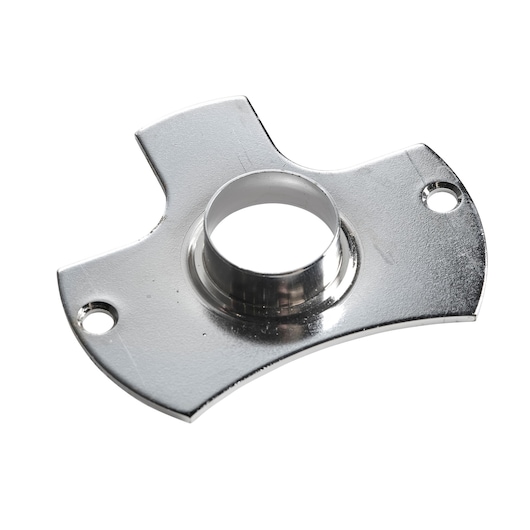 Metal router guide plate with center hole and two mounting holes, shown on a white background.