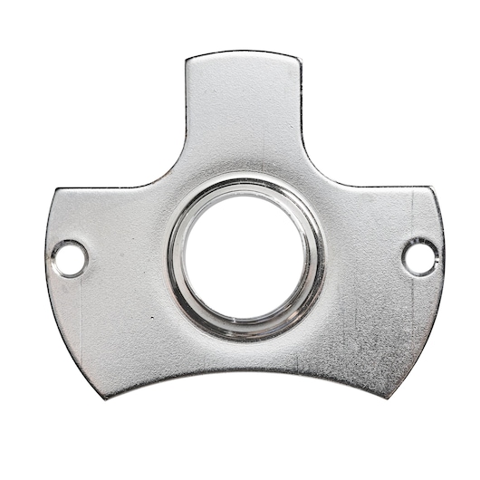 Metal router base plate with two mounting holes and a central opening, used for photography or woodworking tools.