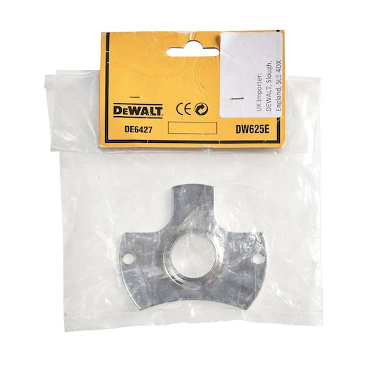 DEWALT DE6427 metal router accessory in clear packaging with yellow label and product info.