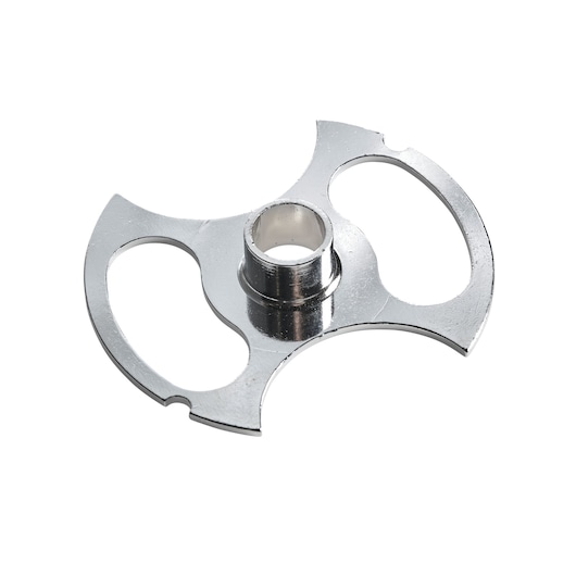 Metal DEWALT photography accessory with central hole, curved edges, and two side cutouts on white background.