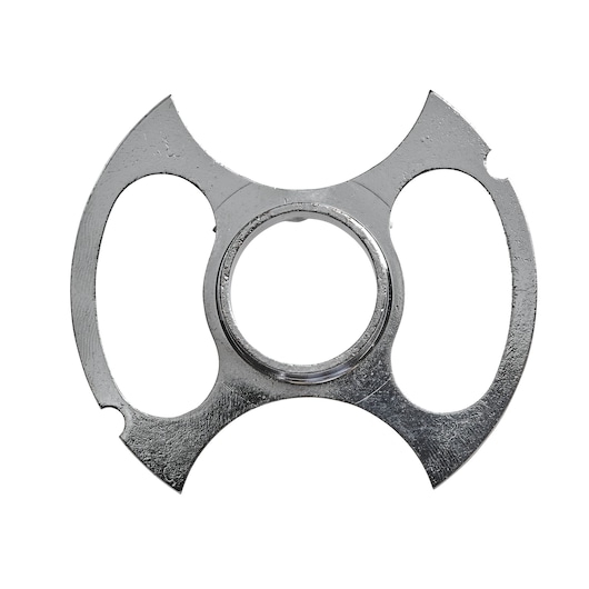 Metal accessory part with curved, blade-like openings and central ring, shown on white background.