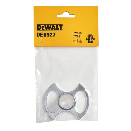 DEWALT DE6927 router accessory in clear plastic packaging with yellow label for DW620 and DW621 tools.