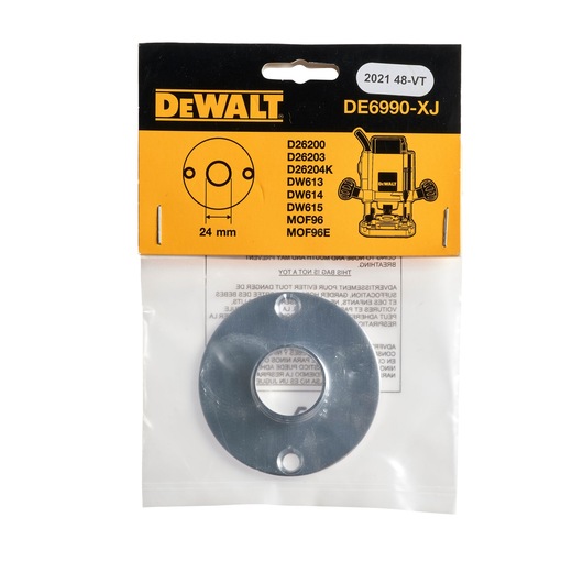 DEWALT DE6990 24mm router guide plate accessory in retail packaging, compatible with several models.