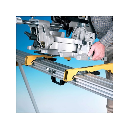 DEWALT Photography stand for saw, DE7023-XJ and DE7023 SKUs shown in use.