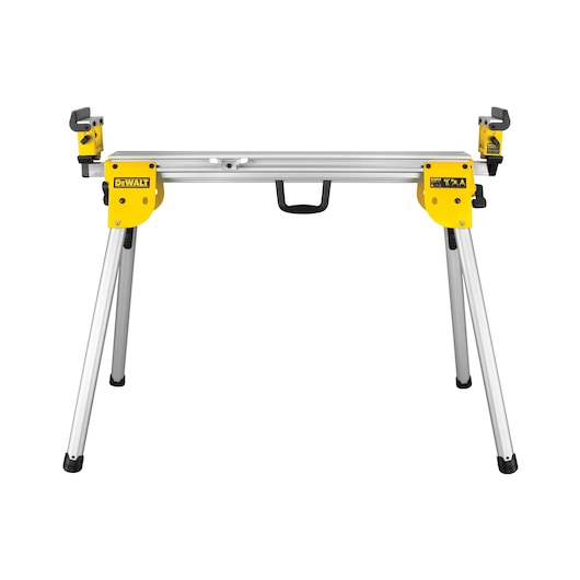 DEWALT DE7033 foldable saw stand with metal legs and yellow fixtures, suitable for portable support.