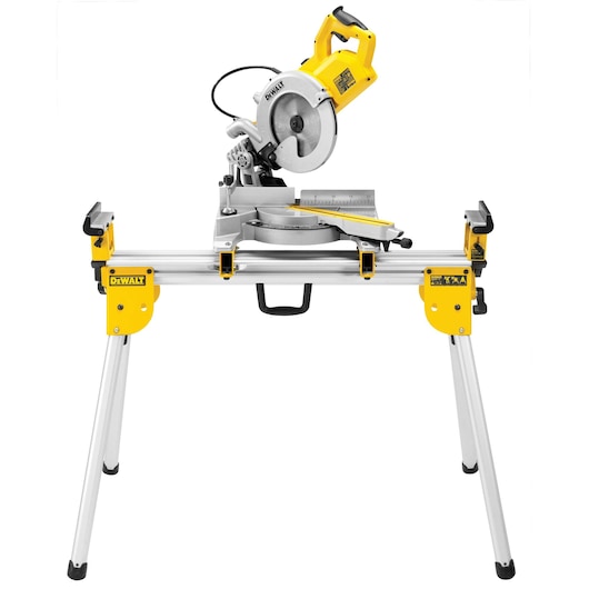 DEWALT DE7033 miter saw stand with attached saw, foldable aluminum frame and yellow accents.