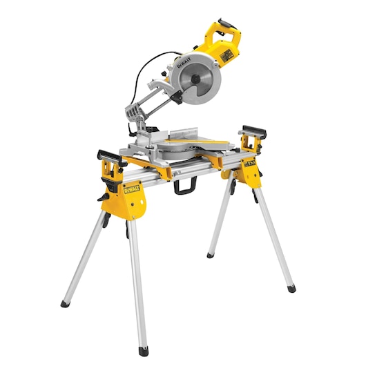 DEWALT yellow miter saw and foldable stand, model DE7033, shown on a white background.