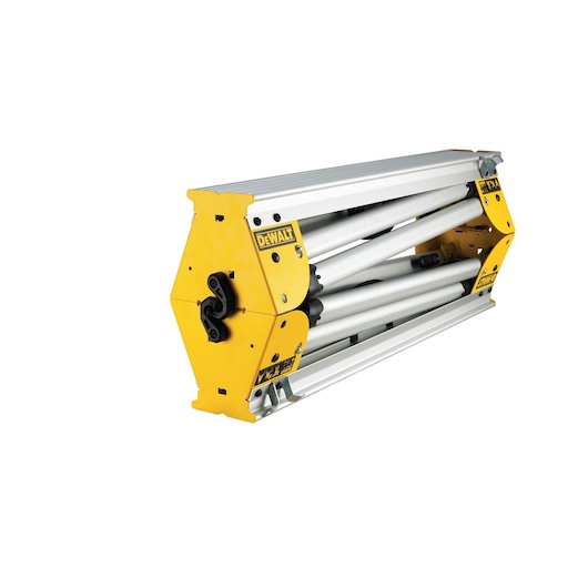 Folded DEWALT DE7035 yellow and silver miter saw stand with metal frame on white background.